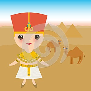 Ancient Egypt boy in national costume and hat. Cartoon children in traditional dress. Ancient Egypt, pyramids, desert, camels. Vec