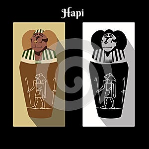 Ancient Egypt canopic jar with god Horus son Hapi stylized image and name script. Gods cynocephalus jar color and black white card