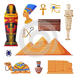 Ancient Egypt Collection, Egyptian Cultural and Historical Symbols Flat Style Vector Illustration on White Background