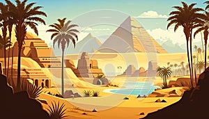 Ancient Egypt desert landscape with pyramids and architecture in the river Nile valley. Generative Ai