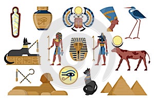Ancient Egypt. Egyptian architecture and gods. Cleopatra sculpture. Pharaoh and Sphinx statues. Hieroglyphs and sacred