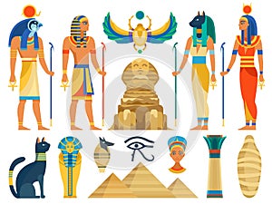 Ancient egypt. Egyptian culture symbols and sign collection. Gods and myth creatures, sacred animals, architecture and