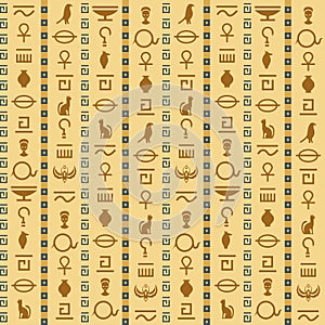 Ancient egypt. Egyptian hieroglyphs seamless pattern, antique elements and symbols, historical background, pyramids