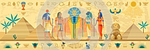 Ancient Egypt. Egyptian mythology storyline, hieroglyphic frame, religion architecture and idols statues with ornaments