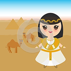 Ancient Egypt girl in national costume and hat. Cartoon children in traditional dress. Ancient Egypt, pyramids, desert, camels. Ve