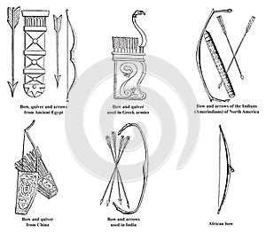 Ancient Egypt, Greek, Chinese, Indian, Amerindian and African bow, arrows and quiver old engraving