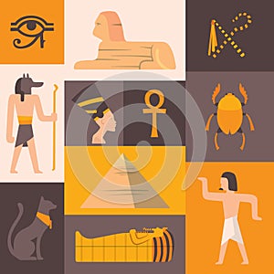 Ancient Egypt icons in flat style collage, vector illustration. Set of stickers with Egyptian landmarks, pyramid, sphinx