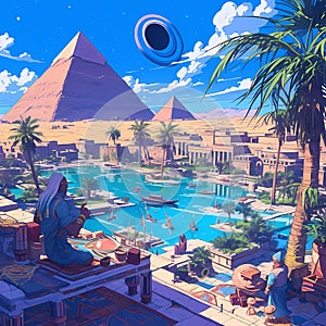 Ancient Egypt at Night with Aliens and Spaceship, Illustrated Stock Image photo