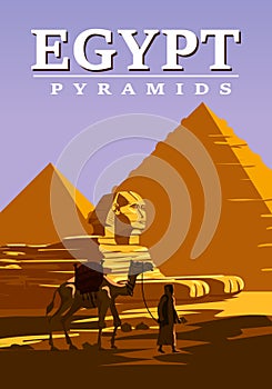 Ancient Egypt Pharaoh Pyramids Sphinx Vintage Poster. Travel to Egypt Country, Sahara desert, camel with egyptian. Retro