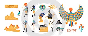 Ancient Egypt set - gods, deities of Egyptian pantheon, mythological creatures, sacred animals, holy symbols