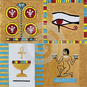 Ancient Egypt symbols abstract illustration on golden background. Horus eye, Cup with an Ankh cross symbol of life.