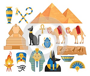 Ancient egypt symbols cartoon colorful vector illustrations set