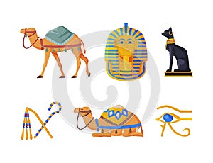 Ancient Egypt symbols set. Egyptian traditional cultural and historical objects. Bastet cat, Ankh coptic cross, camel