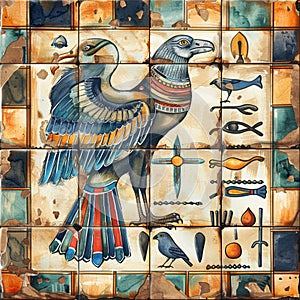 Ancient Egypt, tile style, hand-drawn manner watercolor