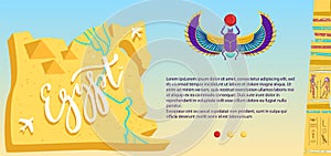 Ancient Egypt vector illustration, cartoon flat Egyptian scarab, travel map with desert, flying airplane, stone pyramid