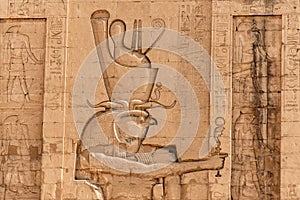 Ancient egyptian architecture ruins. hieroglyphs and columns of the Temple of Horus at Edfu, in Egypt