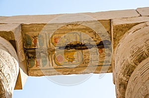 Ancient Egyptian art on stone blocks at Karnak Temple in Luxor
