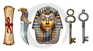 Ancient Egyptian artifacts including pharaoh mask, scroll, dagger, and keys
