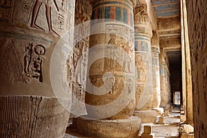 colorful pharaonic columns at Ramsess III temple in luxor (medinet Habu)