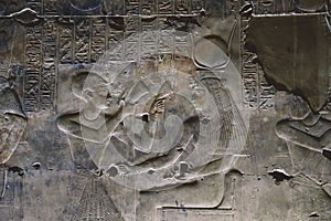 Ancient Egyptian Drawing on the Walls of the temple of Seti I also known as the Great Temple of Abydos in Kharga