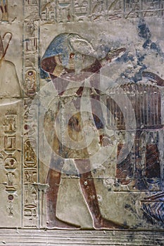 Ancient Egyptian Drawing on the Walls of the temple of Seti I also known as the Great Temple of Abydos in Kharga