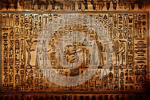 Ancient Egyptian drawings and hieroglyphs on the wall in the temple. Neural network AI generated