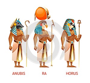 Ancient Egyptian gods Ra, Horus, Anubis from Egyptian mythology religion