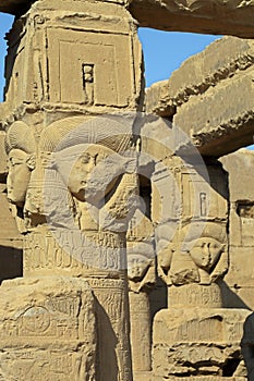 Ancient Egyptian Hathor sculptures in temple of Dendera