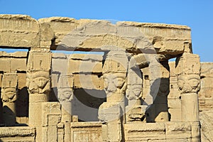 Ancient Egyptian Hathor sculptures in temple of Dendera