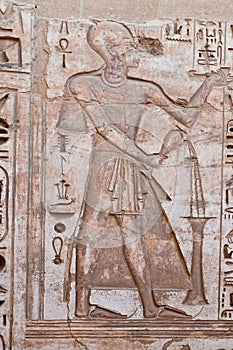 Ancient Egyptian hieroglyphic carving in Medinet Habu