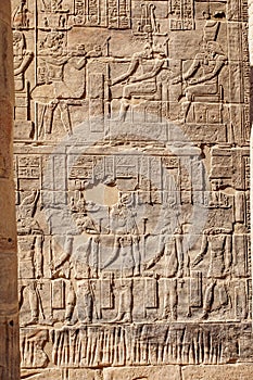 Ancient Egyptian hieroglyphs carved in stone at Philae Temple in Aswan Egypt
