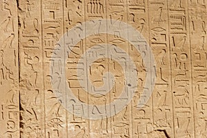 Ancient egyptian hieroglyphs on wall in Karnak Temple Complex in Luxor, Egypt