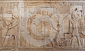 Ancient egyptian hyeroglyphs in Temple of Kom Ombo, Egypt