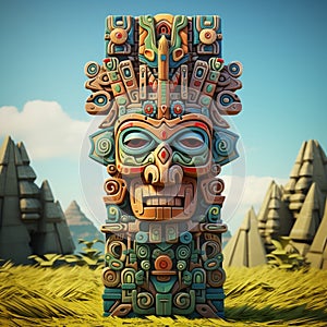 ancient Egyptian inspired totem, designed with Aztec Greeble tribal motifs, featuring gods and hieroglyphics by AI generated