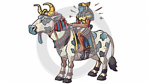 Ancient Egyptian legend cartoon modern. Egyptian culture religious symbol, Ra, sits on back of star-covered cow, goddess photo