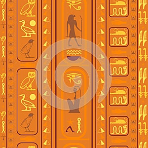 Ancient egyptian motifs seamless pattern. Ethnic hieroglyph symbols fabric print