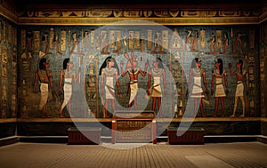 Ancient Egyptian mural. Depicting scenes from the life of the ancient Egyptians. Ancient culture and mythology. Egyptian