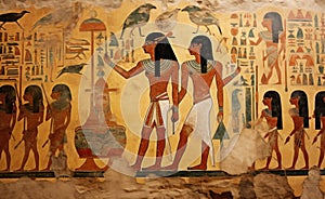 Ancient Egyptian mural. Depicting scenes from the life of the ancient Egyptians. Egyptian wall painting. Ancient culture
