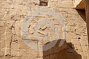 Ancient Egyptian murals and writings on the stone walls of the Karnak Temple in Luxor