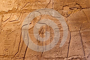 Ancient egyptian paintings and hieroglyphs on wall in Karnak Temple Complex in Luxor, Egypt