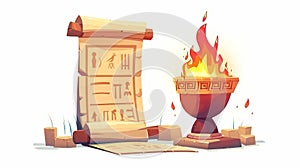 Ancient Egyptian papyrus with sacrificial fire icon cartoon modern illustration. Ancient paper with hieroglyphs storing photo