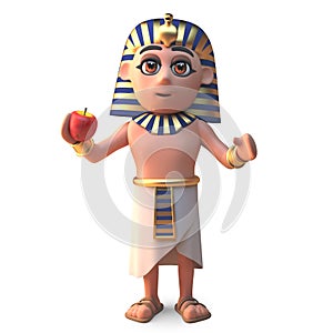 Ancient Egyptian pharaoh Tutankhamen eating an apple, 3d illustration