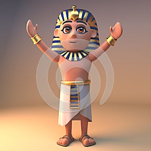 Ancient Egyptian pharaoh Tutankhamun stands with arms raised in worship, 3d illustration