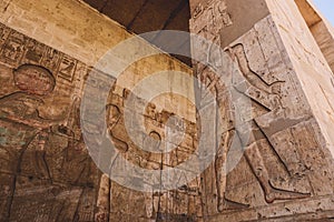 Ancient Egyptian Pillars in the temple of Seti I also known as the Great Temple of Abydos in Kharga