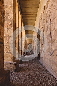 Ancient Egyptian Pillars in the temple of Seti I also known as the Great Temple of Abydos in Kharga