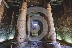 Ancient Egyptian Pillars in the temple of Seti I also known as the Great Temple of Abydos in Kharga