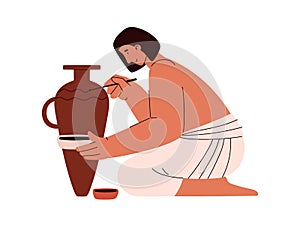 Ancient egyptian potter or ceramicist painting clay jug, flat vector isolated. photo