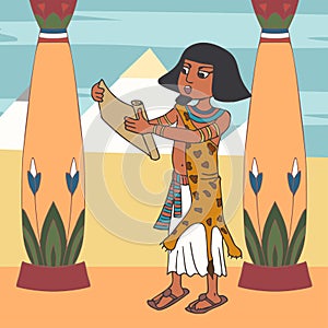 Ancient egyptian priest reading papyrus scroll at palace cartoon