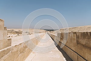 Ancient Egyptian ruins. Way to valley temple of the pyramids