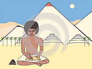 Ancient egyptian scribe with pyramids landscape background